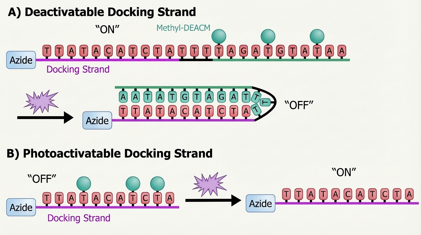 Design of photodeactivatable and photoactivatable DNA-PAINT docking strands showing light-controlled switching between active and inactive conformations